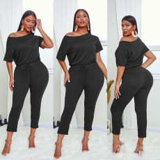Solid Short Sleeve Casual One Piece Jumpsuits RUF-8123