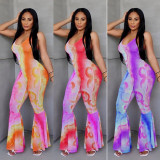 Sexy Tie Dye Print Halter Backless Flared Jumpsuits RUF-0698