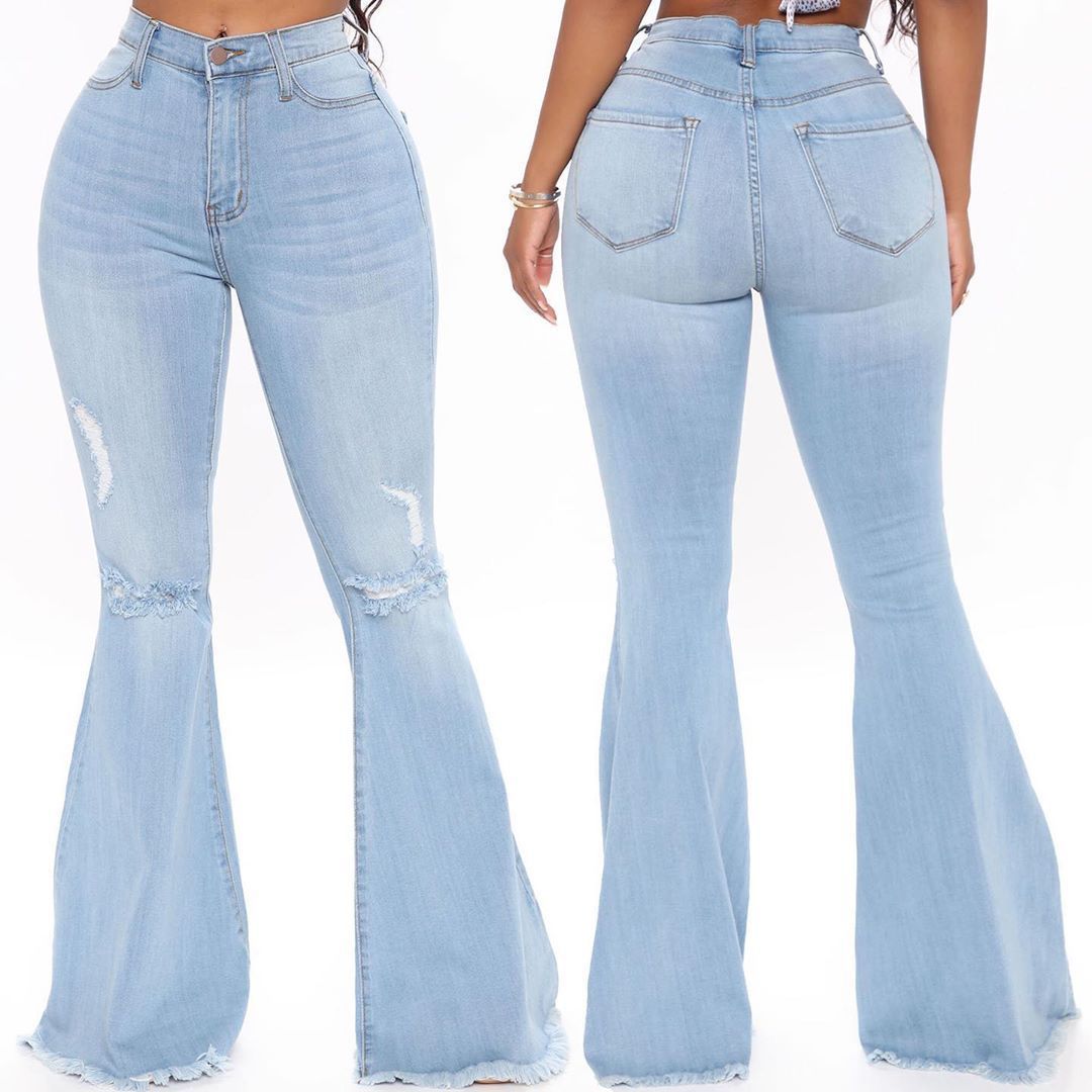 Plus Size Denim Hole Mid Waist Stretch Tasse Flared Jeans HSF-2383