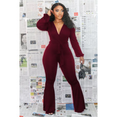 Plus Size Sexy Deep V Neck Sashes Jumpsuits BLI-2170