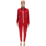 Fashion Casual Solid Color Zipper Pocket Long Sleeve Jacket Pants Sports Two Piece Set MEI-9113