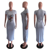 Poker Print Short Sleeve O Neck Slim Long Dress OM-1160