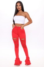 Plus Size Solid Color Ruffle Hollow Out Ripped Hole Jeans LX-5002