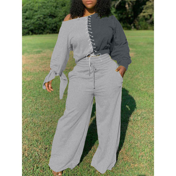 Plus Size 4XL Casual Lace Up Wide Leg Pants Set BLX-7533