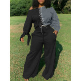 Plus Size 4XL Casual Lace Up Wide Leg Pants Set BLX-7533