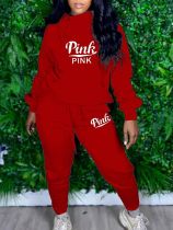 Plus Size Pink Letter Print Casual Two Piece Pants Set LP-6252