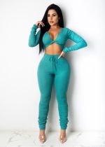 Solid Ribbed Long Sleeve Two Piece Pants Set SHA-6188