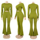 Solid O Neck Long Sleeve Flared Pants 2 Piece Sets SFY-174