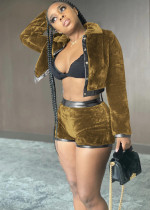 Trendy Velvet Leather Patchwork Coat And Shorts Set MOF-5188