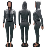 Casual Hooded Zipper Two Piece Pants Set TE-3381