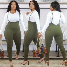  Plus Size Fashion Solid Color Long Sleeve Top And Suspender Jumpsuit Two Piece Set WAF-7100