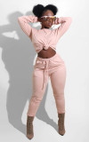 Plus Size Solid Long Sleeve O Neck Two Piece Pants Set YM-9249