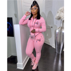 Pink Letter Embroidery Zipper Hoodies 2 Piece Pants Set LUO-3115