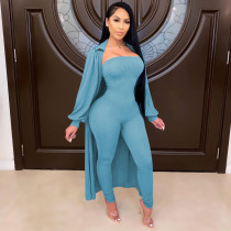 Plus Size Solid Long Coat+Tube Jumpsuits Two Piece Sets PIN-8508