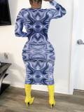 Casual Printed Long Sleeve Slim Midi Dress QZX-6171 