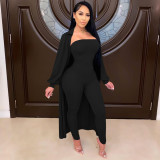 Plus Size Solid Long Coat+Tube Jumpsuits Two Piece Sets PIN-8508