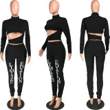 Sexy Letter Print Long Sleeve Two Piece Pants Set MYP-8945