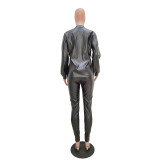 PU Leather Long Sleeve Two Piece Pants Set TR-1076