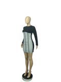 Elegant Ribbed Patchwork Long Sleeve Mini Dress CHY-1260