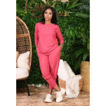 Plus Size Solid Long Sleeve Two Piece Pants Set YNB-7129