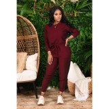 Plus Size Solid Long Sleeve Two Piece Pants Set YNB-7129