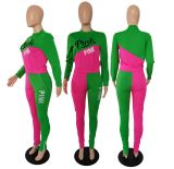 Patchwork Pink Letter Embroidery Long Sleeve Top And Hem Zipper Split Pants Set XMF-014