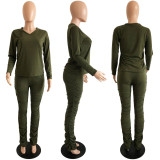 Solid V Neck Long Sleeve Stacked Pants 2 Piece Sets RUF-9700