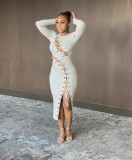 Sexy Long Sleeve Lace Up Slim Maxi Dress CHY-1266