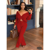 Solid V Neck Long Sleeve Two Piece Pants Set CHY-1265