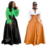 Plus Size PU Leather High Waist Big Swing Belted Maxi Skirt OD-8339