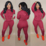 Plus Size Fashion Casual Solid Color Ripped Hole Sports Two Piece Set FNN-8543