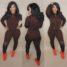 Plus Size Fashion Casual Solid Color Ripped Hole Sports Two Piece Set FNN-8543