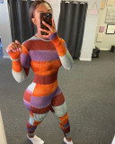 Sexy Striped Rib Long Sleeve Bodycon Jumpsuit WSM-5205