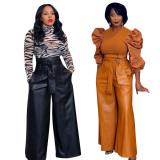 Plus Size PU Leather High Waist Belted Wide Leg Pants OD-8392