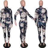Chain Print Fashion Casual Long Sleeve Pants Two Piece Set XSF-6011