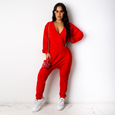 Solid V Neck Long Sleeve One Piece Jumpsuit FENF-039
