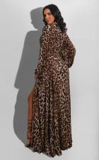 Sexy Leopard High Waist V Neck Sashes Split Maxi Dress SFY-188