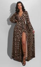 Sexy Leopard High Waist V Neck Sashes Split Maxi Dress SFY-188
