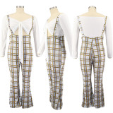  Plus Size 5XL Sexy Crop Top And Sling Plaid Print Jumpsuit Two Piece Set BMF-049