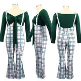  Plus Size 5XL Sexy Crop Top And Sling Plaid Print Jumpsuit Two Piece Set BMF-049