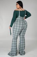  Plus Size 5XL Sexy Crop Top And Sling Plaid Print Jumpsuit Two Piece Set BMF-049