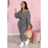 Plus Size 4XL Solid Long Sleeve Two Piece Pants Set MIL-128