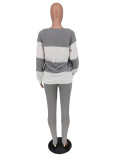 Casual Sweater Two-color Splice Long Sleeve Pants Two Piece Set  ANNF-6013