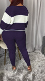 Casual Sweater Two-color Splice Long Sleeve Pants Two Piece Set  ANNF-6013