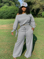 Plus Size Casual Knotted Long Sleeve Top And Wide Leg Pants 2 Piece Set OLYF-6021