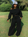 Plus Size Casual Knotted Long Sleeve Top And Wide Leg Pants 2 Piece Set OLYF-6021