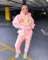 Pink Letter Embroidery Hoodies 2 Piece Pants Set AWYF-L695