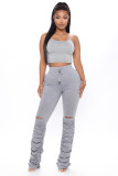 Casual Solid Hole Stacked Pants LX-6139