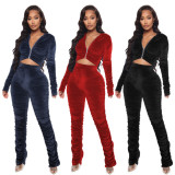 Solid Velvet Hooded Long Sleeve Stacked Pants 2 Piece Sets LX-6140