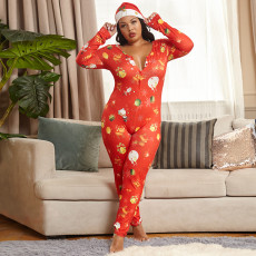 Plus Size 5XL Christmas Sexy Tight Printed Jumpsuit OSIF-20888-1